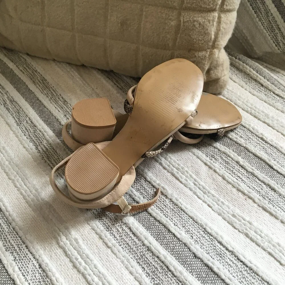 Beige Suede Block Heel Sandals with Snakeskin Straps